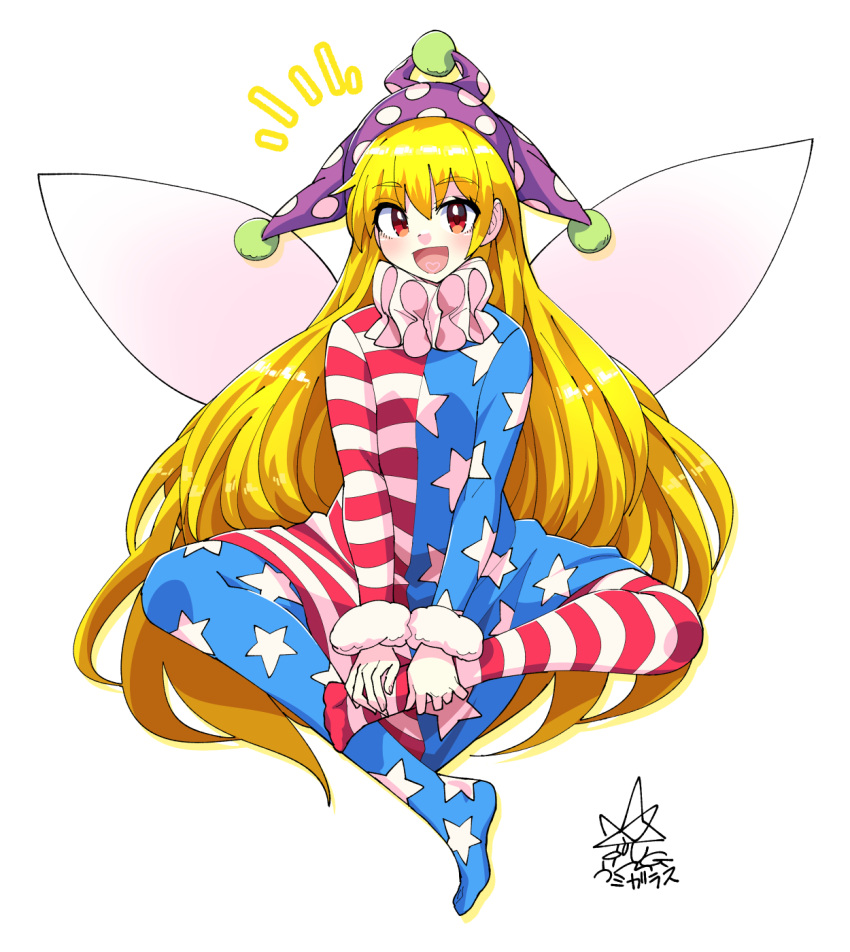 1girl :d american_flag_dress american_flag_legwear bangs blonde_hair clownpiece commentary_request dress eyebrows_visible_through_hair fairy_wings full_body hat highres indian_style jester_cap long_hair long_sleeves looking_at_viewer neck_ruff open_mouth partial_commentary polka_dot_headwear purple_headwear red_eyes signature simple_background sitting smile solo star_(symbol) star_print striped striped_dress striped_legwear touhou umigarasu_(kitsune1963) very_long_hair white_background wings