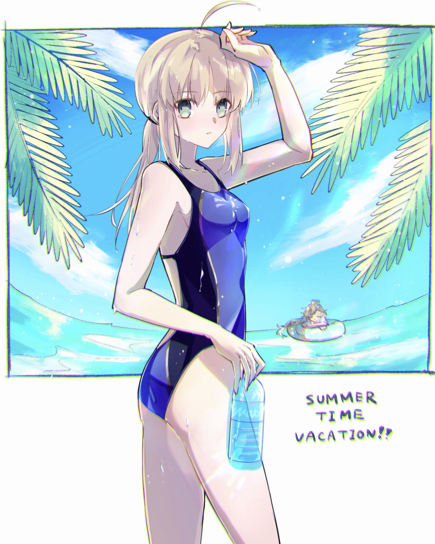 1girl absurdres ahoge artoria_pendragon_(all) backless_swimsuit bangs blue_swimsuit bottle breasts closed_mouth collarbone competition_swimsuit cowboy_shot eyebrows_visible_through_hair fate/grand_order fate_(series) from_side grey_eyes hair_between_eyes highres holding holding_bottle long_hair looking_at_viewer low_ponytail nayu_tundora one-piece_swimsuit shiny shiny_hair sidelocks silver_hair small_breasts solo standing swimsuit