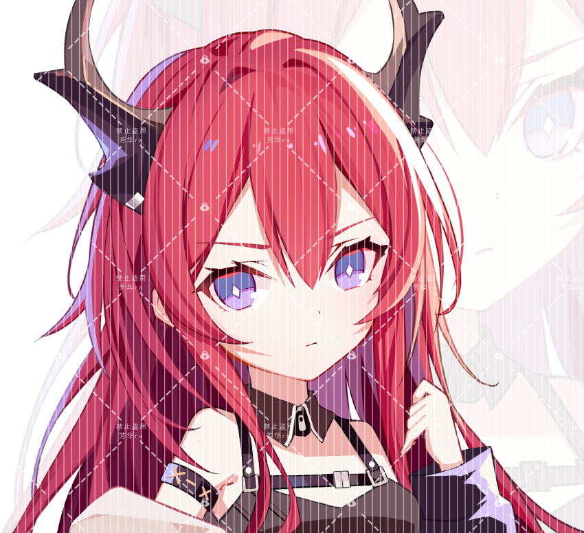 1girl arknights armband bare_shoulders black_dress chibi dress fanghua_ra hand_up highres horns infection_monitor_(arknights) long_hair long_sleeves looking_at_viewer redhead solo surtr_(arknights) violet_eyes white_background zoom_layer