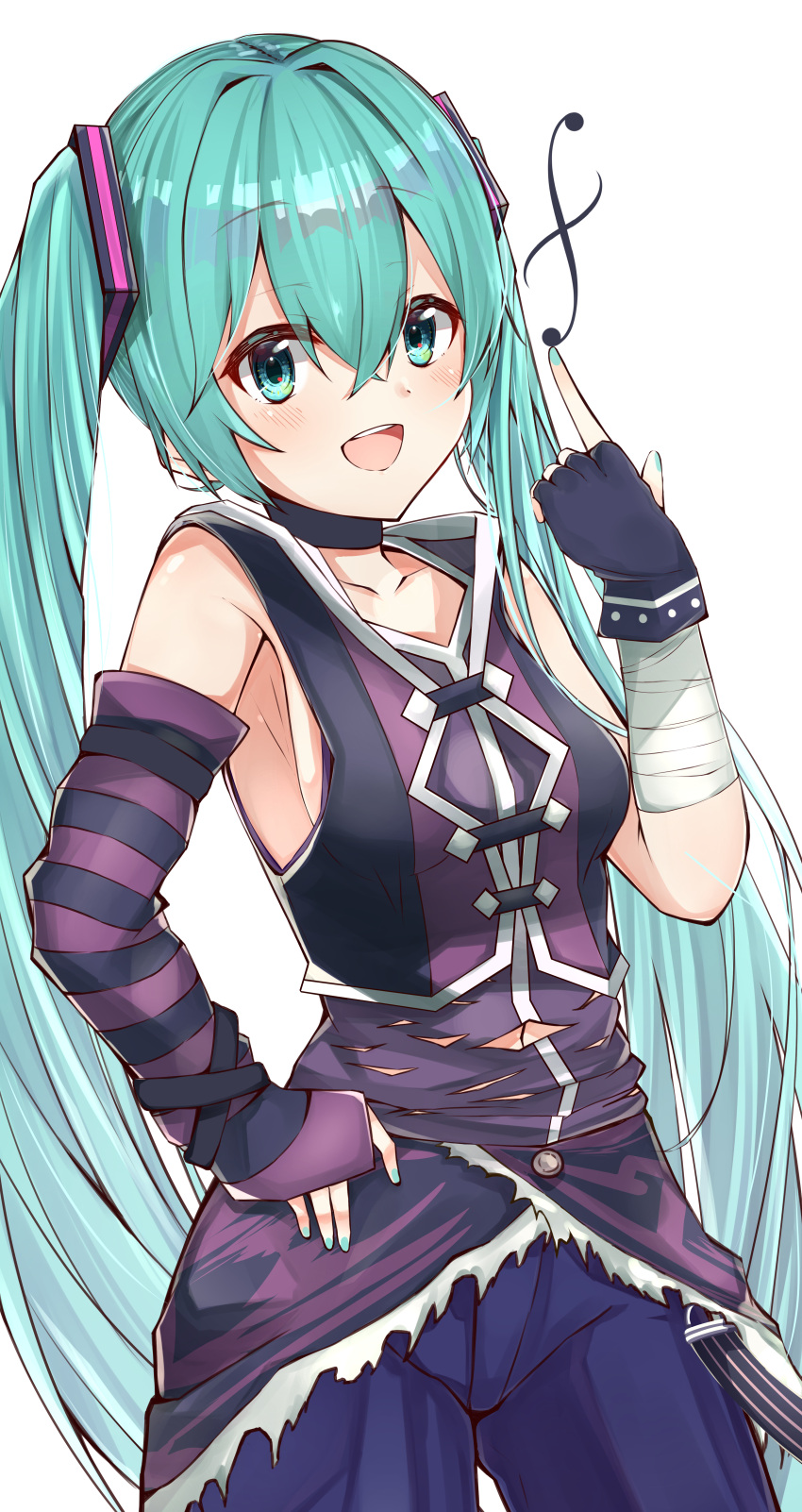 1girl absurdres aqua_nails arm_warmers armpits asymmetrical_sleeves bare_shoulders blue_shorts breasts choker collarbone commentary cosplay fingerless_gloves flower_(vocaloid) fur-trimmed_kilt gloves hair_ornament hand_on_hip hand_up hatsune_miku highres index_finger_raised kilt logo long_hair looking_at_viewer nail_polish open_mouth ore-artstudio purple_gloves purple_shirt purple_vest shirt shorts sideboob single_arm_warmer single_glove sleeveless sleeveless_shirt smile solo striped_arm_warmers torn_clothes twintails v_flower_(vocaloid4) v_flower_(vocaloid4)_(cosplay) very_long_hair vest vocaloid