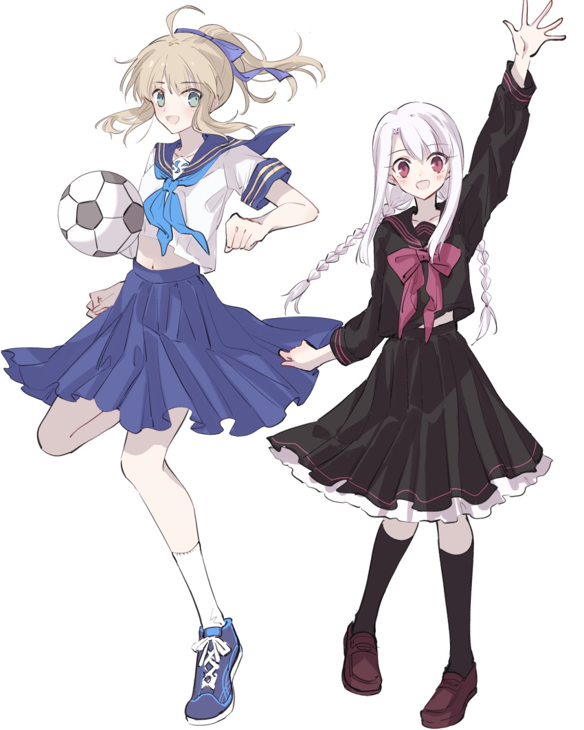 :d absurdres ahoge alternate_costume arm_up artoria_pendragon_(all) ball bangs black_legwear black_sailor_collar black_serafuku black_shirt black_skirt blue_bow blue_footwear blue_neckwear blue_sailor_collar blue_skirt bow bowtie braid collarbone collared_shirt eyebrows_visible_through_hair fate/stay_night fate_(series) floating_hair green_eyes hair_between_eyes hair_bow highres illyasviel_von_einzbern kneehighs leg_up loafers long_hair long_sleeves looking_at_viewer medium_skirt nayu_tundora open_mouth outstretched_arm outstretched_hand pleated_skirt ponytail red_bow red_eyes red_footwear red_neckwear saber sailor_collar sailor_shirt school_uniform serafuku shirt shoes short_sleeves sidelocks silver_hair simple_background skirt smile sneakers soccer_ball twin_braids very_long_hair white_background white_legwear white_shirt