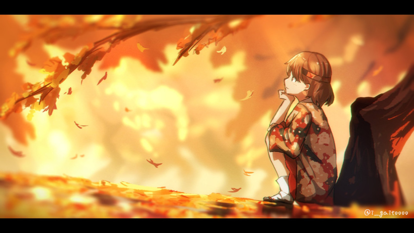 1girl autumn autumn_leaves branch brown_eyes brown_hair chiyoda_(kancolle) falling_leaves floral_print geta hand_on_knees hand_on_own_chin headband highres japanese_clothes kantai_collection kimono kneeling leaf looking_up medium_hair signature smile tree under_tree yukata