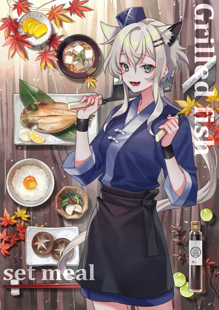 1girl animal_ears apron armband bottle bowl cat_ears cat_girl chopsticks egg egg_yolk english_text eyebrows_visible_through_hair fang fish food fruit green_eyes hat highres holding holding_knife kitchen_knife knife leaf lemon lemon_slice long_hair long_sleeves mushroom open_mouth original plate ponytail rice sauce seafood sidelocks skin_fang smile solo soup spring_onion tofu tongue vegetable waist_apron white_hair zoff_(daria)