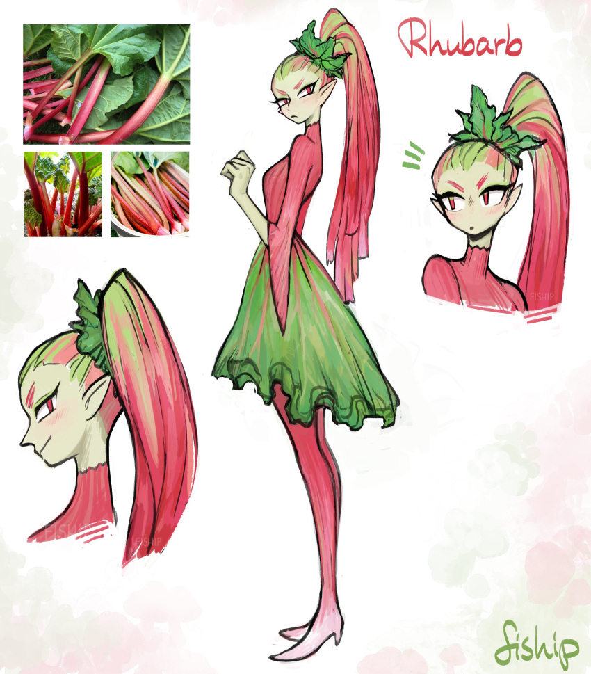1girl absurdres blush breasts closed_mouth colored_skin full_body green_hair green_skin high_heels highres long_hair matilda_fiship medium_breasts monster_girl multicolored_hair multiple_views original photo-referenced plant_girl ponytail red_eyes redhead rhubarb skirt smile standing
