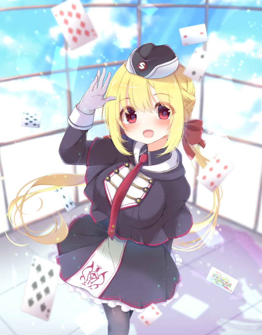 1girl absurdres arihara_nanami arm_behind_back bangs black_capelet black_headwear black_legwear black_shirt black_skirt blonde_hair blue_sky blush breasts capelet card clouds collared_shirt commentary_request day eyebrows_visible_through_hair frilled_skirt frills garrison_cap gattengou gloves hand_up happy hat highres indoors long_hair long_sleeves looking_at_viewer medium_breasts necktie open_mouth pantyhose playing_card red_eyes red_neckwear riddle_joker shirt sidelocks skirt sky smile solo standing sunlight tied_hair twintails waving white_gloves window