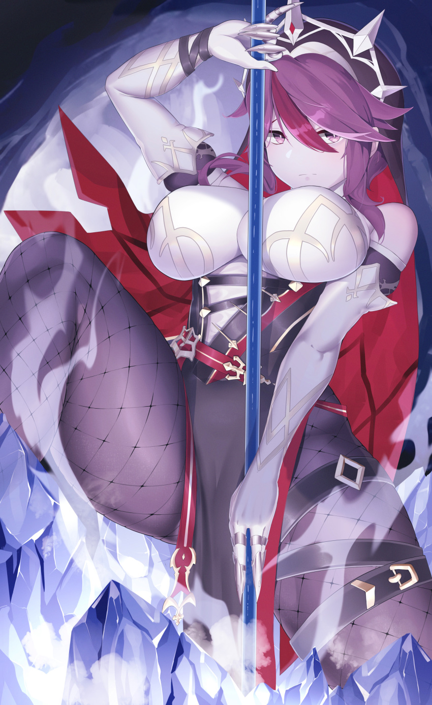 1girl absurdres bangs bare_shoulders black_dress blush breasts closed_mouth dress elbow_gloves fishnet_legwear fishnets genshin_impact gloves highres holding holding_spear holding_weapon huge_filesize ice large_breasts looking_at_viewer manzai_sugar multicolored_hair nun polearm purple_hair purple_legwear rosaria_(genshin_impact) short_hair sleeveless solo spear streaked_hair thigh_strap thighs veil violet_eyes weapon white_gloves