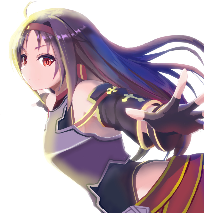 1girl ahoge armor bangs bare_shoulders detached_sleeves eyebrows_visible_through_hair fingerless_gloves gloves hairband highres long_hair looking_at_viewer outstretched_arms purple_hair red_eyes red_hairband shiny solo sword_art_online white_background yusyajisanyo yuuki_(sao)