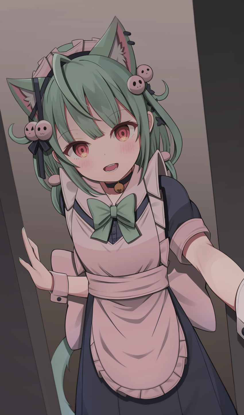 1girl :d absurdres alternate_costume animal_ear_fluff animal_ears apron bangs bell black_choker black_dress black_ribbon blush bow cat_ears cat_girl cat_tail choker collared_dress dress ear_ribbon empty_eyes enmaided eyebrows_visible_through_hair frilled_apron frills green_bow green_hair highres hololive indoors jingle_bell kemonomimi_mode long_hair looking_at_viewer maid maid_apron maid_headdress neck_bell open_mouth puffy_short_sleeves puffy_sleeves red_eyes ribbon short_sleeves smile solo starfox1015 tail uruha_rushia virtual_youtuber white_apron wrist_cuffs