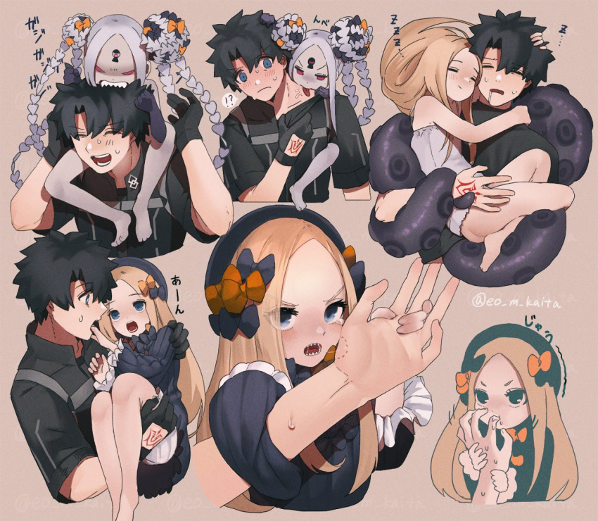 1boy 1girl abigail_williams_(fate) angry ass bangs bare_legs barefoot biting black_bow black_dress black_gloves black_hair black_jacket blonde_hair blue_eyes blush bow brown_background carrying colored_skin command_spell commentary_request double_bun dress fate/grand_order fate_(series) frown fujimaru_ritsuka_(male) gloves grey_hair grey_skin hair_bow hands_up holding_another jacket kaita_(mokamilkcup) keyhole licking long_hair open_mouth orange_bow parted_bangs princess_carry sharp_teeth short_sleeves smile sweat tearing_up teeth tentacles tongue tongue_out translation_request upper_teeth zzz