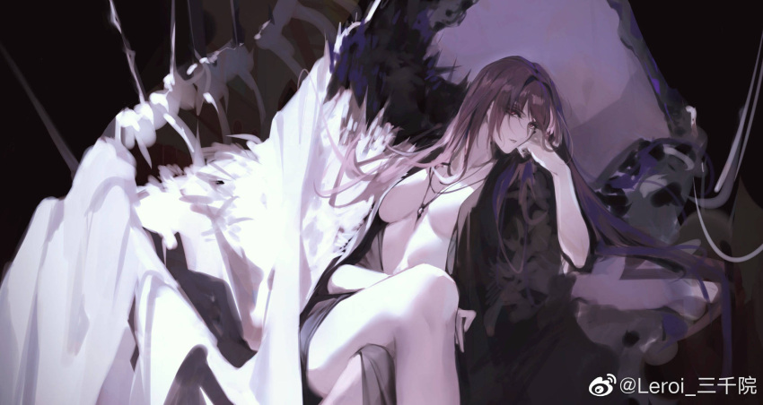 1girl bad_id bad_link bare_legs black_background bone breasts center_opening coat crossed_legs fate/grand_order fate_(series) hand_on_own_cheek hand_on_own_face highres long_hair looking_at_viewer necktie purple_hair reroi scathach_(fate) scathach_(fate)_(all) sitting solo very_long_hair violet_eyes watermark