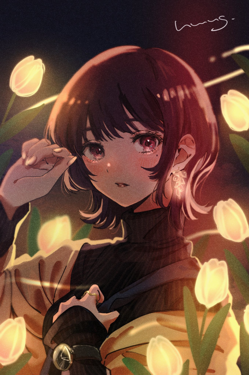 1girl black_sweater blush brown_hair flower glowing hand_up highres hmng lipstick long_sleeves looking_at_viewer makeup original parted_lips pink_eyes short_hair signature solo sweater tulip turtleneck turtleneck_sweater watch