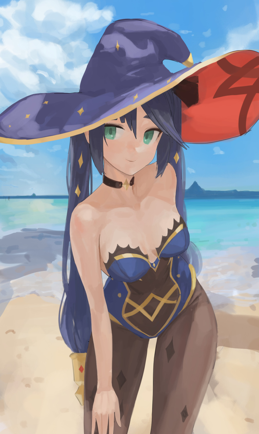 1girl absurdres bare_shoulders beach black_hair black_legwear blue_headwear blue_leotard blue_sky bodystocking breasts choker closed_mouth covered_navel dolri genshin_impact gold_trim green_eyes hat hat_ornament highleg highleg_leotard highres leaning_forward leotard long_hair looking_at_viewer medium_breasts mona_(genshin_impact) ocean pantyhose sky smile thighlet thighs twintails witch_hat