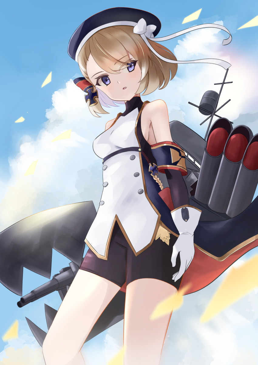 1girl armpit_peek azur_lane bangs beret bike_shorts blue_sky bow breasts brown_hair clouds cloudy_sky commentary_request detached_sleeves eyebrows_visible_through_hair eyes_visible_through_hair gloves hair_bow hair_ribbon hat hat_bow hat_ribbon highres iron_cross john_manjirou_(love-love-happy21) looking_at_viewer machinery parted_lips ribbon short_hair sideboob sidelocks sky solo torpedo_tubes turret violet_eyes white_gloves wind z23_(azur_lane)