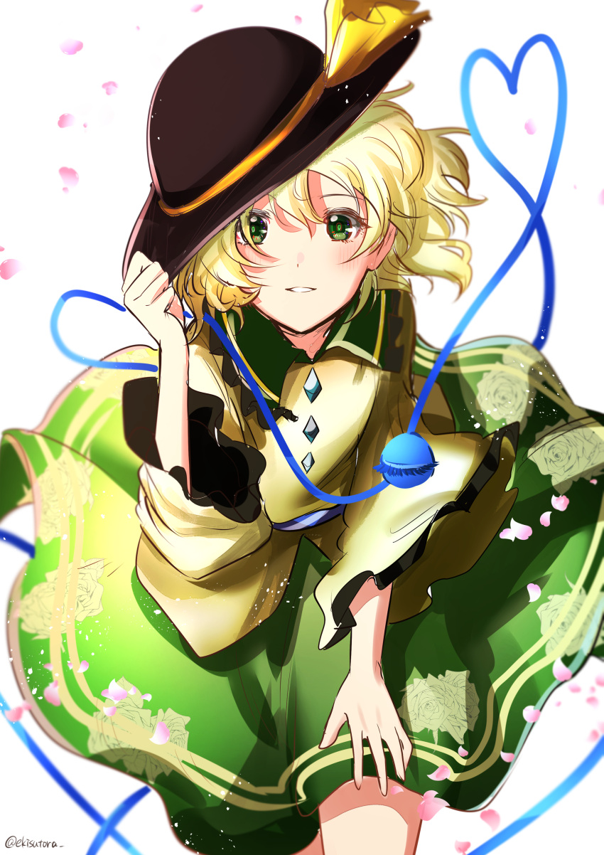 1girl absurdres bangs black_headwear blonde_hair blouse blush breasts commentary_request cowboy_shot ekisutora eyeball floating_hair floral_print frilled_shirt_collar frills green_eyes green_skirt hair_between_eyes hand_on_headwear hand_up hat hat_ribbon heart heart_of_string highres komeiji_koishi leaning_forward long_sleeves looking_at_viewer one-hour_drawing_challenge parted_lips petals ribbon short_hair simple_background skirt small_breasts smile solo standing third_eye tilted_headwear touhou white_background wide_sleeves yellow_blouse yellow_ribbon