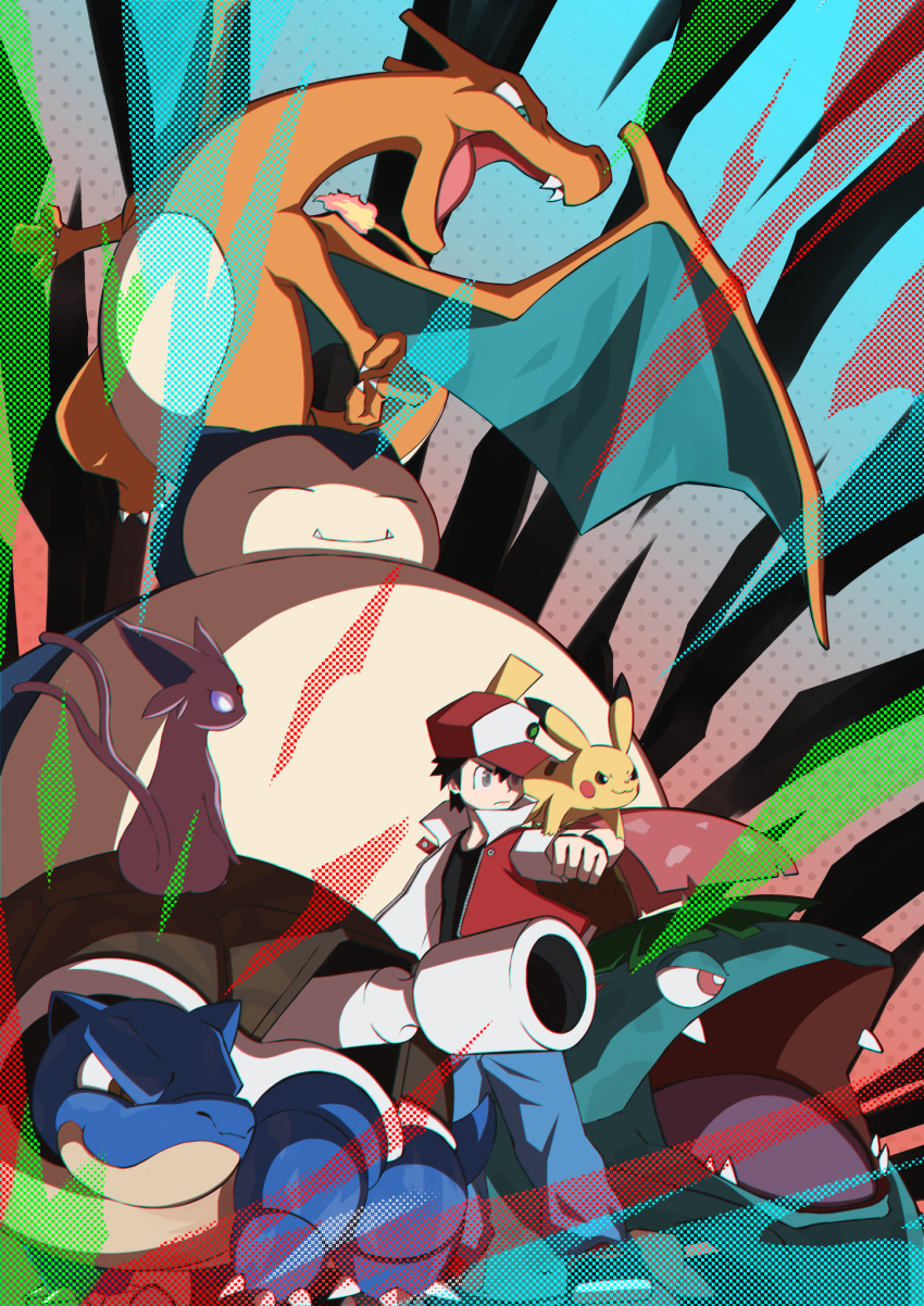 1boy badge bangs baseball_cap black_hair black_shirt blastoise blue_pants charizard closed_mouth commentary_request espeon gen_1_pokemon gen_2_pokemon hand_up hat highres jacket looking_to_the_side male_focus ocha2_22 open_clothes open_jacket pants pikachu pokemon pokemon_(creature) pokemon_(game) pokemon_on_arm pokemon_rgby red_(pokemon) red_jacket shirt shoes short_hair short_sleeves snorlax standing venusaur