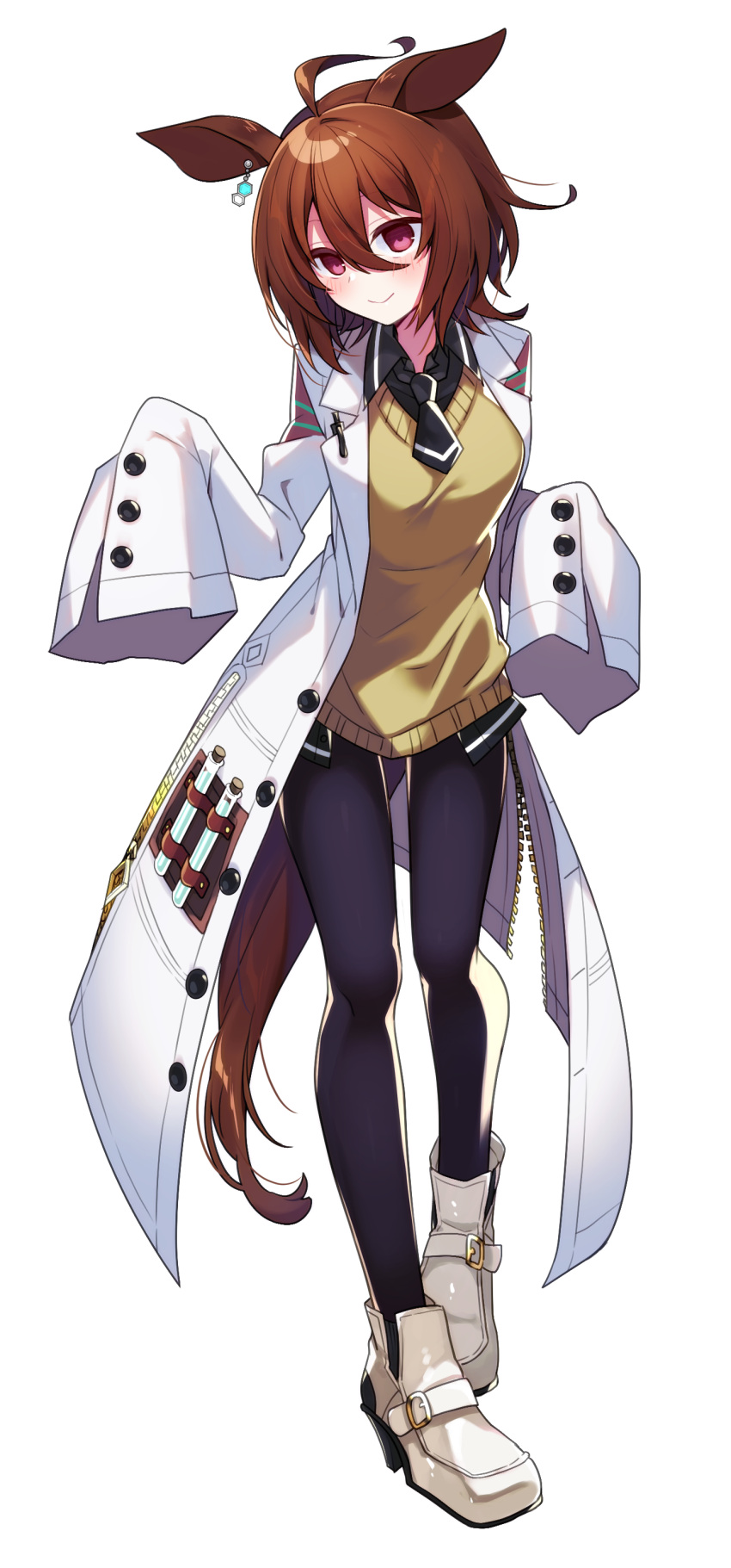 1girl :&gt; absurdres agnes_tachyon_(umamusume) animal_ears ankle_boots bangs black_legwear black_neckwear black_skirt blush boots breasts brown_hair buttons coat commentary_request earrings full_body highres horse_ears horse_girl horse_tail jewelry labcoat looking_at_viewer medium_breasts necktie pantyhose pen pleated_skirt red_eyes short_hair skirt sleeves_past_fingers sleeves_past_wrists smile solo tail test_tube umamusume vest white_coat white_footwear yellow_vest yomoda_(7taizai7bitoku) zipper zipper_pull_tab