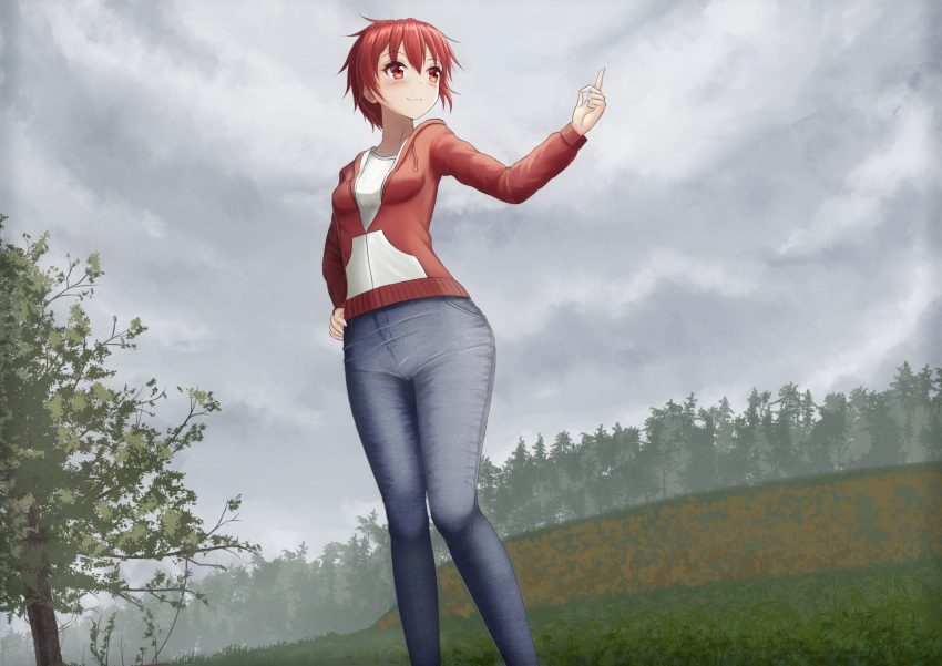 1girl bangs blue_pants blush breasts closed_mouth clouds cloudy_sky commentary commission day drawstring english_commentary eyebrows_visible_through_hair grass hair_between_eyes hand_on_hip hand_up highres jacket long_sleeves looking_away looking_to_the_side original outdoors pants prophosphere red_eyes red_jacket redhead shirt sky small_breasts smile solo standing tree white_shirt
