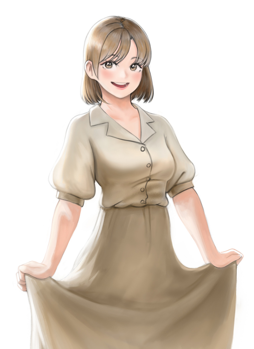 1girl agent_aika ai_(agent_aika) aika_(series) alternate_costume azelweien black_delmo breasts brown_eyes brown_hair buttons collarbone dress highres light_blush medium_hair open_mouth short_sleeves simple_background skirt_hold smile solo