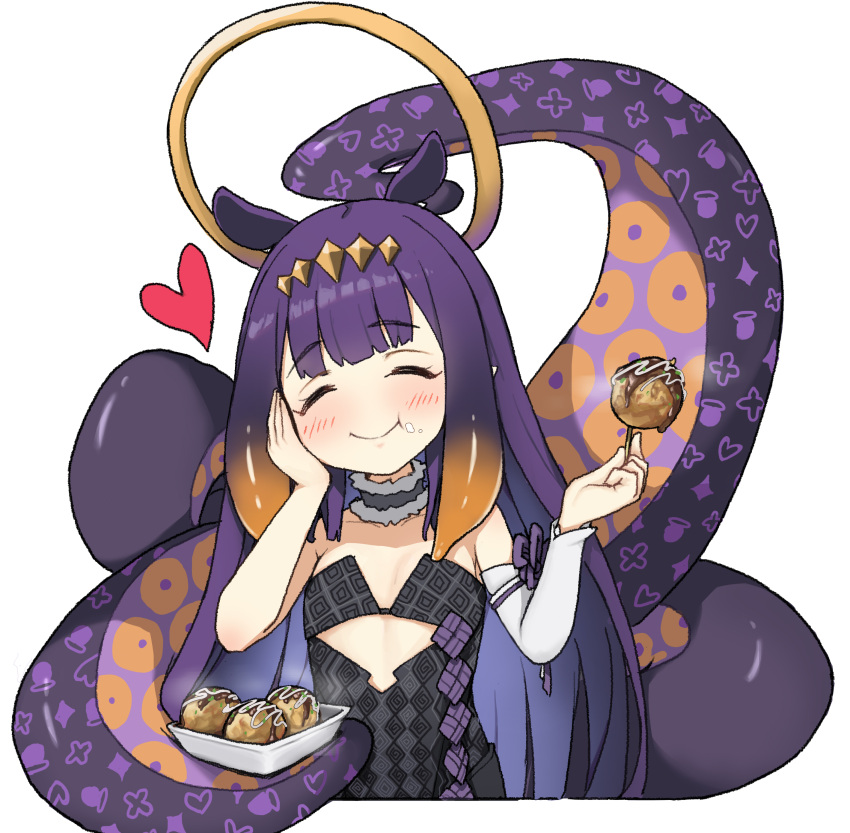 1girl ^_^ absurdres bangs blunt_bangs blush choker closed_eyes closed_mouth commentary eating english_commentary eyebrows_visible_through_hair food halo happy heart highres holding holding_food hololive hololive_english kkusak_(kkusag_ks) long_hair ninomae_ina'nis purple_hair simple_background smile takoyaki tentacles virtual_youtuber white_background