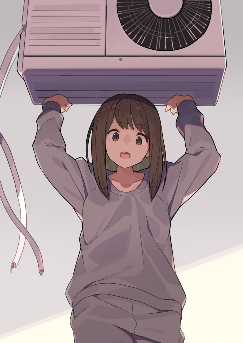 1girl air_conditioner arms_up bangs breasts brown_hair evil_smile eyebrows_visible_through_hair highres lifting looking_at_viewer open_mouth original short_hair smile solo tomioka_jirou
