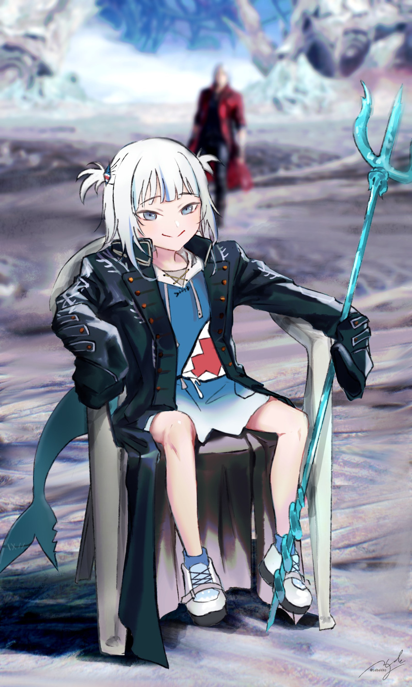 1boy 1girl absurdres black_jacket chair cosplay dante_(devil_may_cry) devil_may_cry devil_may_cry_5 fish_tail gawr_gura highres hololive hololive_english jacket looking_at_viewer mr.holmes parody photo_background polearm shark_print shark_tail shoes sitting smile sneakers tail trident vergil vergil_(cosplay) weapon