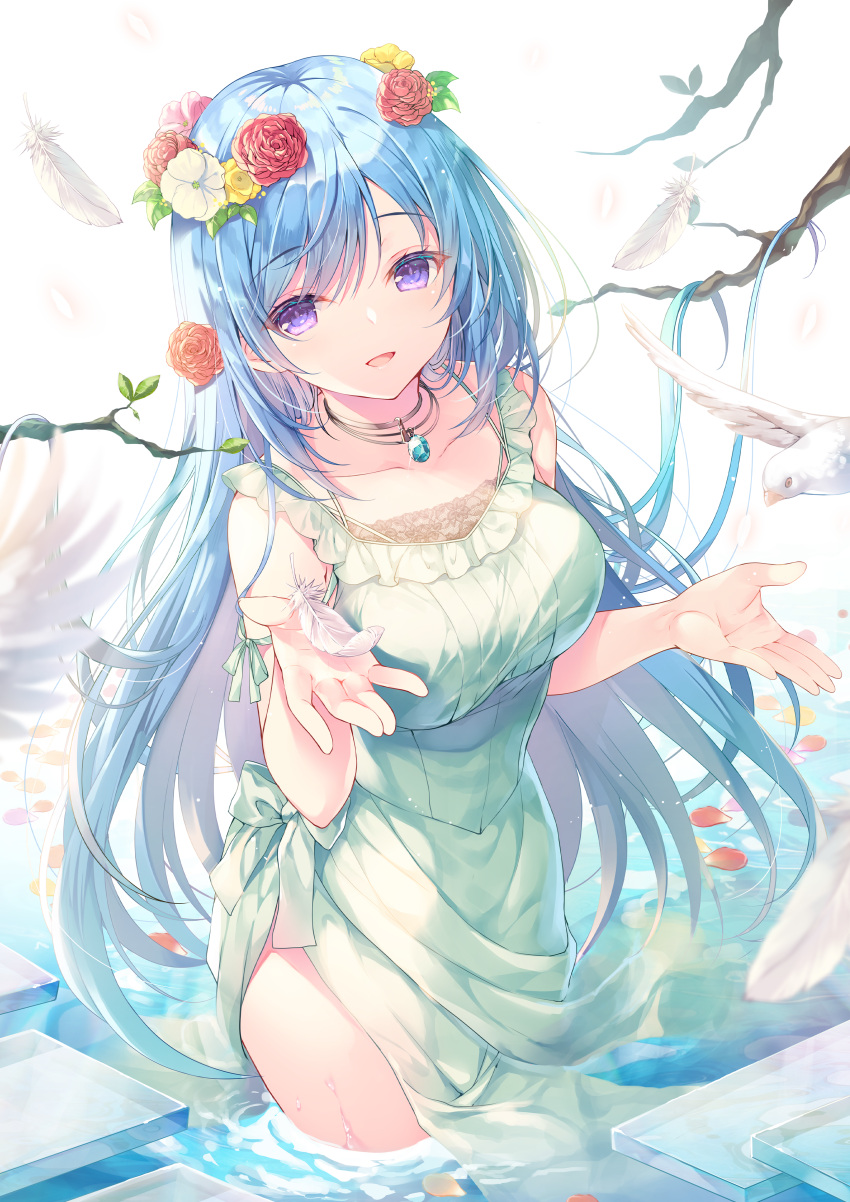 1girl absurdres animal arm_ribbon bare_arms bare_shoulders bird blue_hair branch breasts collarbone dress emori_miku emori_miku_project green_dress head_wreath highres jewelry large_breasts long_hair looking_at_viewer miwabe_sakura necklace open_mouth ribbon side_slit sleeveless sleeveless_dress smile solo very_long_hair violet_eyes wading water wet