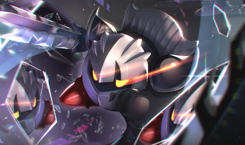 black_cape broken_glass broken_mirror cape dark_meta_knight glass gonzarez highres kirby_(series) kirby_and_the_amazing_mirror light_trail mask red_footwear reflection sword weapon yellow_eyes