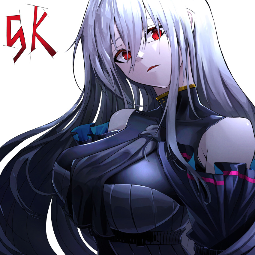 1girl absurdres arknights arm_cuffs ascot bangs bare_shoulders black_neckwear black_shirt breasts elite_ii_(arknights) fkskii65 hair_between_eyes highres long_hair looking_at_viewer looking_to_the_side medium_breasts no_hat no_headwear open_mouth red_eyes shirt silver_hair skadi_(arknights) sleeveless sleeveless_shirt solo upper_body very_long_hair white_background