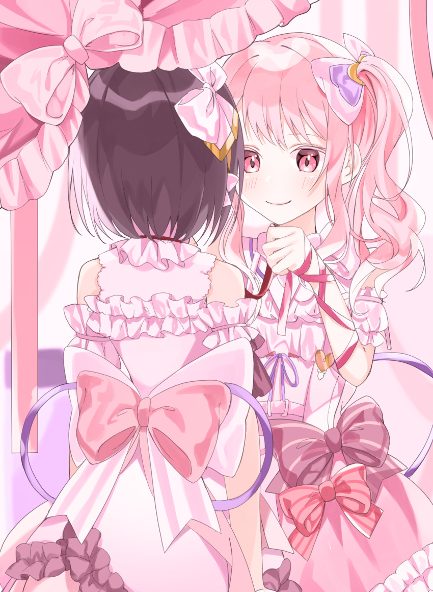 1girl 1other akiyama_mizuki ambiguous_gender bare_shoulders blush bow brown_hair commentary_request curtains dress dressing_another facing_away frilled_curtains frilled_dress frills heart_button highres inana looking_at_another medium_hair pink_bow pink_curtains pink_dress pink_eyes pink_hair pink_ribbon pink_theme ponytail project_sekai purple_ribbon red_ribbon ribbon shinonome_ena short_hair side_ponytail smile upper_body wavy_hair