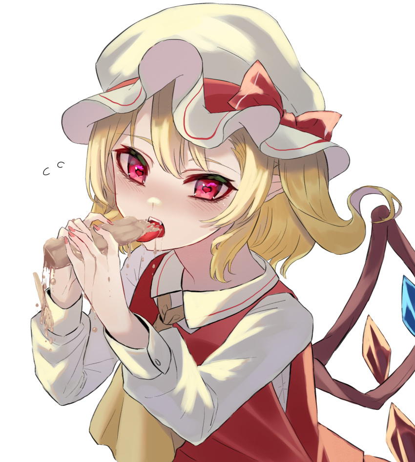 1girl absurdres ascot bangs blonde_hair blush bow commentary_request crystal eating eyebrows_visible_through_hair flandre_scarlet flying_sweatdrops food food_request hands_up hat hat_bow heart heart-shaped_pupils highres holding holding_food katsukare leaning_forward long_sleeves looking_at_viewer mob_cap nail_polish one_side_up pointy_ears red_bow red_eyes red_nails red_skirt red_vest sexually_suggestive short_hair simple_background skirt solo spilling symbol-shaped_pupils tongue tongue_out touhou upper_body vest white_background white_headwear wings yellow_neckwear