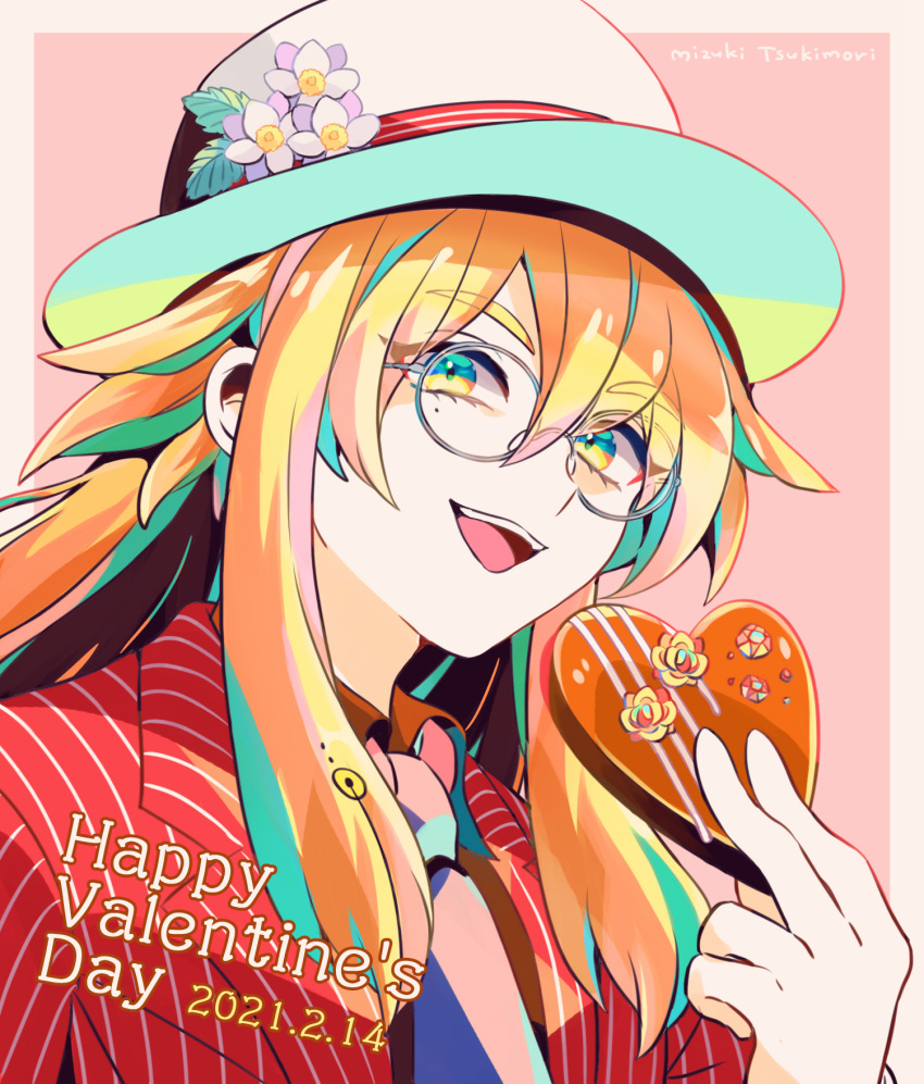 1boy :d artist_name blonde_hair candy chocolate chocolate_heart flower food glasses hand_up hat heart highres long_hair male_focus mizuki_tsukimori necktie open_mouth original pale_skin pink_background red_suit sidelocks smile striped_suit upper_body valentine white_neckwear