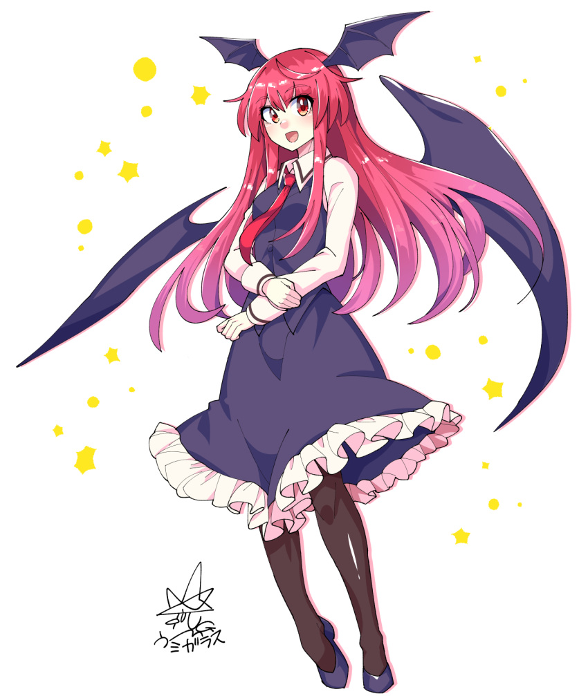 1girl :d bangs bat_wings black_dress black_footwear black_legwear collared_shirt commentary dress eyebrows_visible_through_hair frilled_dress frills full_body hand_on_own_arm head_wings highres koakuma long_hair looking_at_viewer multiple_wings necktie open_mouth red_eyes red_neckwear redhead shirt signature simple_background smile solo standing thigh-highs touhou umigarasu_(kitsune1963) white_background white_shirt wings