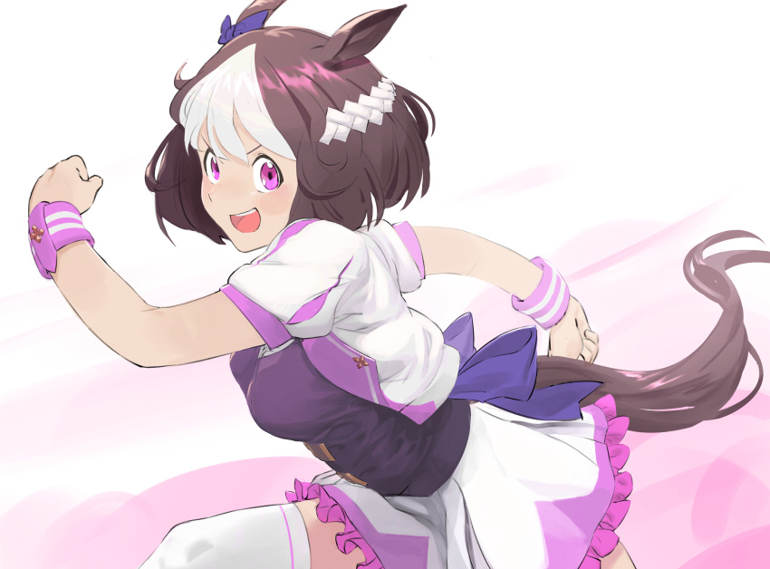 1girl ababababa animal_ears back_bow bangs black_shirt blue_bow bow brown_hair clenched_hands commentary cropped_jacket ear_bow eyebrows_visible_through_hair frilled_skirt frills hachimaki headband highres horse_ears horse_girl horse_tail jacket looking_at_viewer miniskirt multicolored_hair open_mouth puffy_short_sleeves puffy_sleeves running shirt short_hair short_sleeves single_horizontal_stripe skirt smile solo special_week_(umamusume) tail thigh-highs two-tone_hair umamusume violet_eyes white_hair white_headband white_jacket white_legwear white_skirt wristband