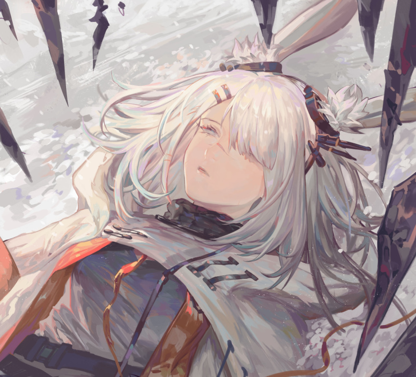 1girl animal_ears arknights bangs bingansuan_jiamouren commentary_request frostnova_(arknights) grey_eyes hair_ornament hair_over_one_eye hairclip highres jacket long_hair looking_up lying on_back rabbit_ears scar scar_on_face scar_on_nose upper_body white_hair