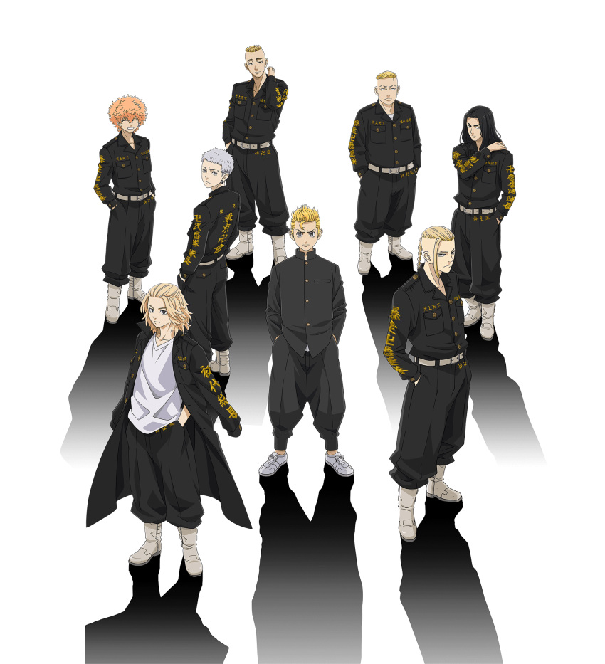 6+boys baji_keisuke black_hair blonde_hair delinquent full_body gakuran hanagaki_takemichi hayashida_haruki highres kawata_nahoya long_hair looking_at_viewer male_focus mitsuya_takashi multiple_boys mutou_yasuhiro official_art orange_hair ryuuguuji_ken sano_manjirou school_uniform shadow straight-on tokyo_revengers transparent_background younger