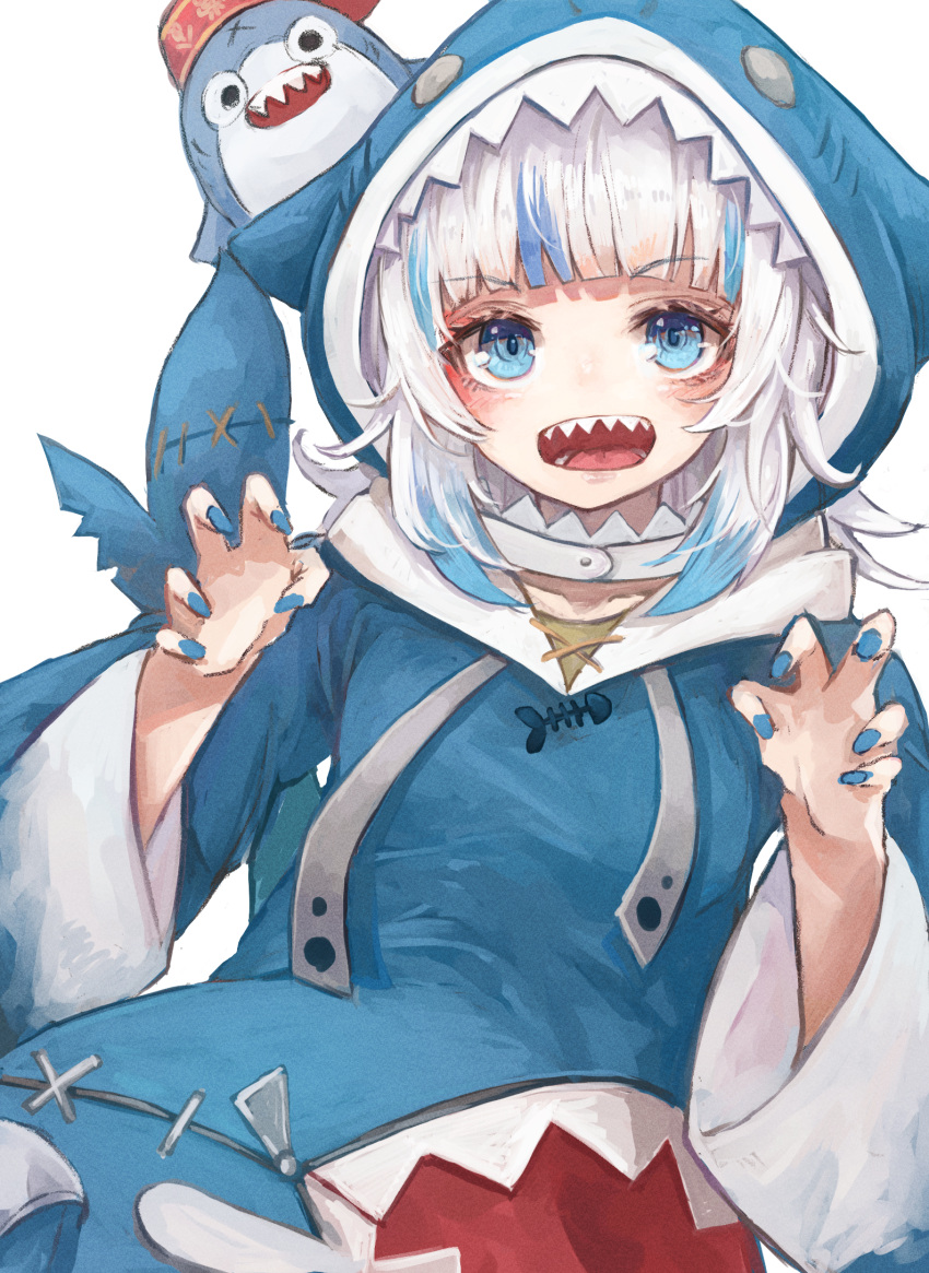 1girl animal_costume animal_hood bangs blue_eyes blue_hair blue_hoodie blue_nails blunt_bangs blush claw_pose eyebrows_visible_through_hair eyelashes fish_tail gawr_gura highres hololive hololive_english hood hoodie long_sleeves looking_at_viewer multicolored_hair nail_polish nyucha open_mouth shark_costume shark_girl shark_hood shark_tail sharp_teeth silver_hair simple_background solo streaked_hair tail teeth upper_body v-shaped_eyebrows virtual_youtuber white_background wide_sleeves