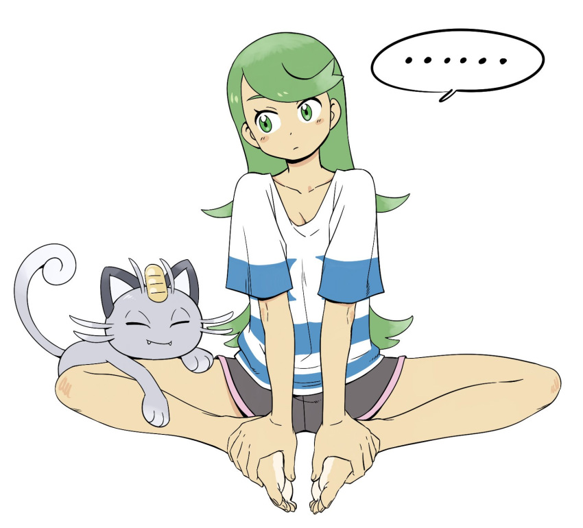 ... 1girl alolan_form alolan_meowth bangs barefoot blush closed_mouth commentary cosplay elio_(pokemon) elio_(pokemon)_(cosplay) gen_7_pokemon green_eyes green_hair hair_down highres knees long_hair mallow_(pokemon) nutkingcall pokemon pokemon_(creature) pokemon_(game) pokemon_sm shirt short_sleeves shorts simple_background sitting solo spoken_ellipsis spread_legs striped striped_shirt swept_bangs t-shirt toes trial_captain white_background