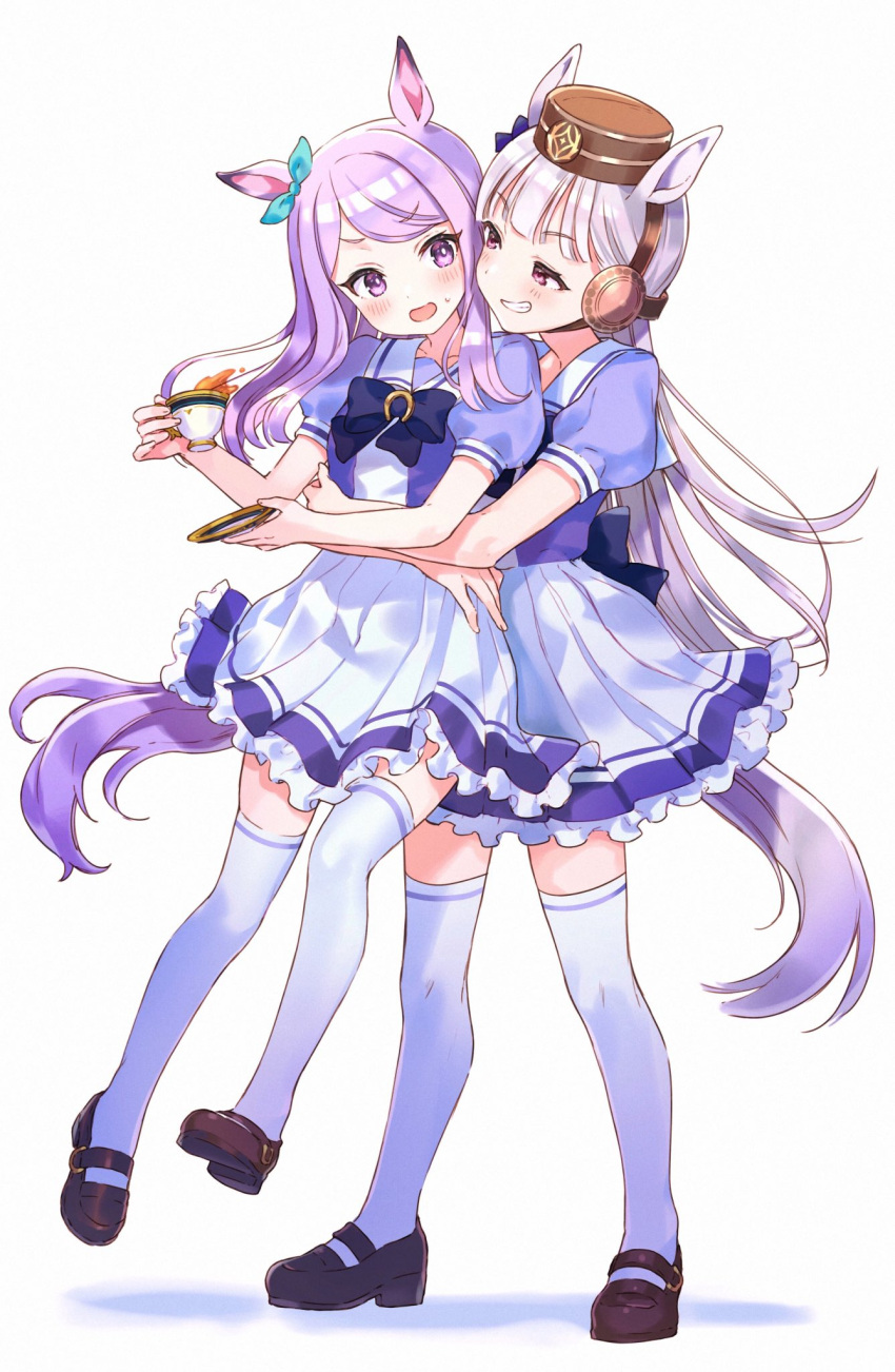 2girls animal_ears aqua_ribbon bangs black_bow black_neckwear blush bow bowtie brown_footwear brown_hair carrying commentary_request cup ear_ribbon eyebrows_visible_through_hair frilled_skirt frills full_body gold_ship_(umamusume) grin highres holding holding_cup holding_saucer horse_ears horse_girl horse_tail hug hug_from_behind long_hair looking_at_another mejiro_mcqueen_(umamusume) multiple_girls nekoyashiki_pushio open_mouth pillbox_hat pleated_skirt puffy_short_sleeves puffy_sleeves purple_hair purple_shirt red_eyes ribbon saucer school_uniform shirt shoes short_sleeves skirt smile standing swept_bangs tail teacup thigh-highs tracen_school_uniform umamusume very_long_hair violet_eyes white_background white_hair white_legwear white_skirt
