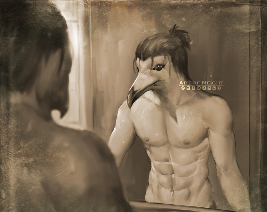 1boy abs beak bird black_hair eren_yeager looking_at_mirror male_focus mirror nate_artuz pectorals sepia shingeki_no_kyojin shirtless spoilers tied_hair toned toned_male what