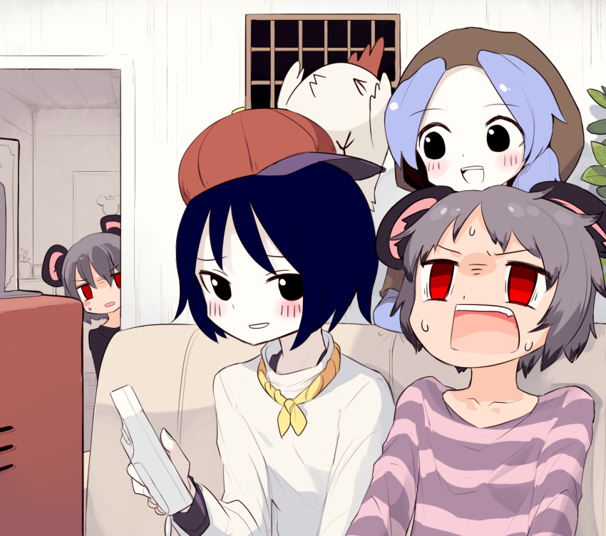 4girls alternate_costume bangs baseball_cap bird black_eyes black_shirt blue_hair blue_shirt chicken commentary_request controller cookie_(touhou) couch flour_(cookie) game_controller grey_hair hat highres hood indoors kofji_(cookie) kumoi_ichirin light_blue_hair looking_at_another looking_to_the_side milk_(cookie) miyako_(naotsugu) multiple_girls murasa_minamitsu nazrin nyon_(cookie) open_mouth purple_shirt red_eyes red_headwear shirt short_hair sitting striped striped_shirt television the_chicken_that_appears_in_the_middle_of_cookie touhou upper_body white_shirt wii_remote window
