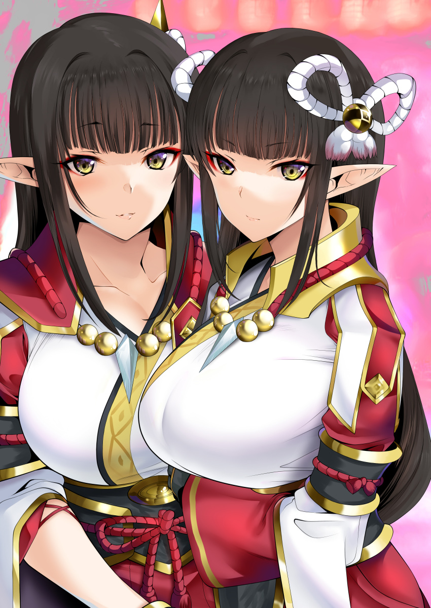 2girls absurdres bangs black_hair blunt_bangs breasts closed_mouth daive hair_ornament highres hinoa japanese_clothes jewelry kimono large_breasts long_hair long_sleeves looking_at_viewer minoto monster_hunter_(series) monster_hunter_rise multiple_girls necklace obi parted_lips pink_background pointy_ears sash siblings sidelocks sisters smile white_kimono wide_sleeves yellow_eyes