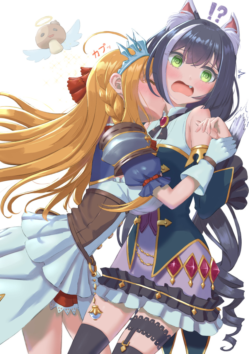 !? 2girls @_@ absurdres animal_ears bare_shoulders biting black_hair blush braid breasts cat_ears cat_tail closed_eyes detached_sleeves dress eyebrows_visible_through_hair fang hair_ribbon highres karyl_(princess_connect!) long_hair low_twintails multiple_girls neck_biting open_mouth orange_hair pecorine_(princess_connect!) princess_connect! princess_connect!_re:dive puffy_short_sleeves puffy_sleeves ribbon short_sleeves sleeveless sleeveless_dress tail thigh-highs tiara twintails umirororo white_background wrist_grab yuri