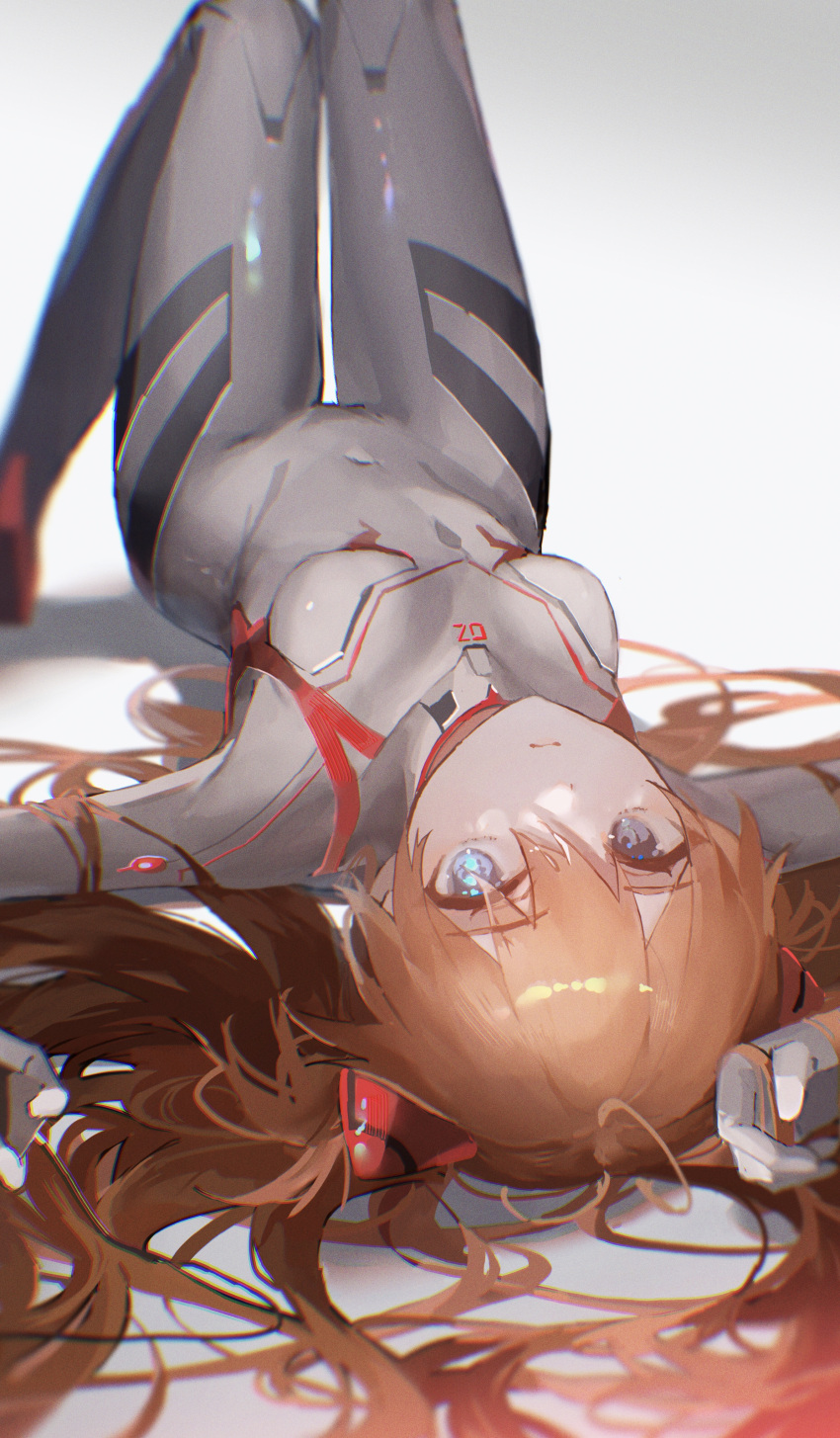 1girl absurdres arms_up blue_eyes bodysuit breasts breasts_apart brown_hair closed_mouth covered_navel expressionless gradient gradient_background grey_background grey_bodysuit hair_ornament highres huge_filesize knees_up long_hair looking_at_viewer lying neon_genesis_evangelion no_eyepatch number on_back oyuyu plugsuit shikinami_asuka_langley simple_background small_breasts solo souryuu_asuka_langley thigh_gap very_long_hair white_background