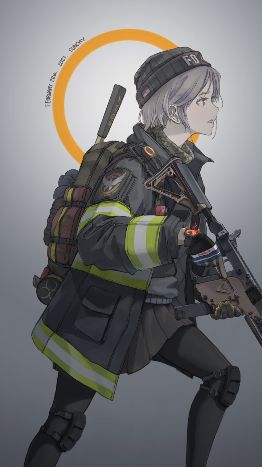 absurdres agent_vector_(girls_frontline) american_flag axe backpack bag beanie biohazard_symbol dated fire_axe firefighter girls_frontline gloves grey_hair gun hat highres jacket knee_pads kriss_vector long_sleeves new_york_city_fire_department official_alternate_costume open_mouth pantyhose pleated_skirt profile shemagh short_hair skirt submachine_gun tom_clancy's_the_division trigger_discipline useless vector_(girls_frontline) watch watch weapon yellow_eyes