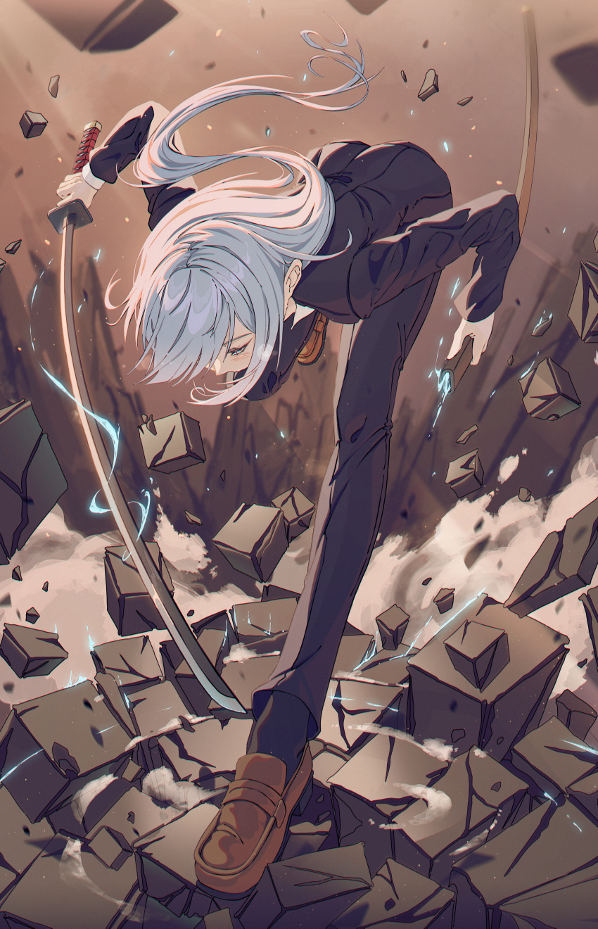 1girl absurdres action black_jacket black_pants black_suit blue_legwear blush broken_ground brown_footwear commentary debris destruction floating_hair floating_rock formal full_body highres holding holding_sword holding_weapon huge_filesize hyunwoo jacket jujutsu_kaisen katana light_blue_eyes light_blue_hair long_hair long_sleeves miwa_kasumi pant_suit pants scabbard sheath shirt shoes socks solo suit sword unsheathed weapon white_shirt