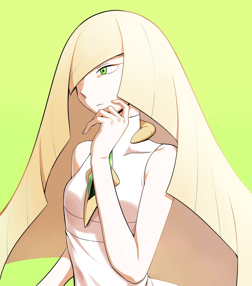 1girl bangs bare_arms blonde_hair breasts closed_mouth collarbone commentary_request diamond_(shape) dress emerald_(gemstone) green_background green_eyes hair_over_one_eye hand_up highres korean_commentary long_hair lusamine_(pokemon) nutkingcall pokemon pokemon_(game) pokemon_sm simple_background sleeveless sleeveless_dress solo white_dress