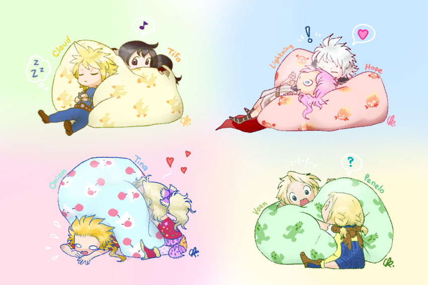 ! 4boys 4girls ? blonde_hair blue_eyes bomb_(final_fantasy) braid brown_eyes brown_hair cape chibi chocobo closed_eyes cloud_strife commentary dissidia_final_fantasy english_commentary eye_contact final_fantasy final_fantasy_iii final_fantasy_vi final_fantasy_vii final_fantasy_xii final_fantasy_xiii flying_sweatdrops heart high_heels hope_estheim lightning_(ff13) lightning_farron long_hair looking_at_another lying moogle multiple_boys multiple_girls musical_note no_pupils o_o on_back onion_knight open_mouth penelo pillow pink_hair ponytail sabotender sitting sleeping spiky_hair tifa_lockhart tina_branford twin_braids twinklelitchii vaan wavy_mouth white_hair wide-eyed zzz
