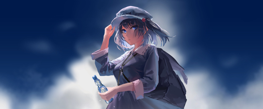 1girl backpack bag bangs blue_dress blue_eyes blue_hair blue_headwear bottle breasts cabbie_hat closed_mouth clouds cloudy_sky day dress eit_(ikeuchi) expressionless eyebrows_visible_through_hair from_below hair_bobbles hair_ornament hand_on_headwear hand_up hat highres holding holding_bottle kawashiro_nitori key long_sleeves looking_at_viewer medium_breasts outdoors short_hair sky sleeves_rolled_up solo touhou two_side_up upper_body