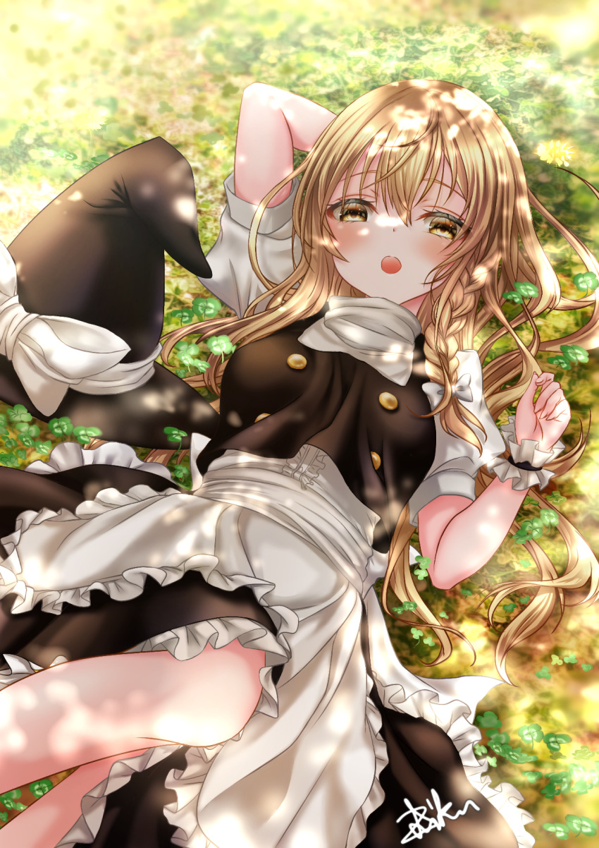 1girl :o apron arm_behind_head black_skirt black_vest blonde_hair blush braid clover commentary dappled_sunlight day feet_out_of_frame hand_up hat hat_removed hat_ribbon headwear_removed highres kirisame_marisa long_hair lying on_back on_ground open_mouth outdoors petticoat puffy_short_sleeves puffy_sleeves ribbon shirt short_sleeves signature single_braid skirt solo sunlight touhou very_long_hair vest waist_apron white_shirt witch_hat wrist_cuffs yellow_eyes zeronoriku00