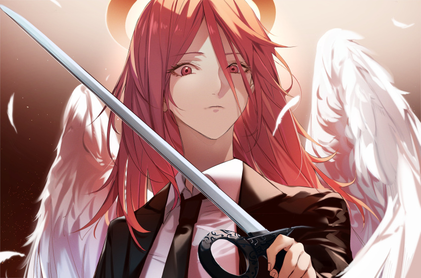 1boy absurdres androgynous angel angel_devil_(chainsaw_man) angel_wings black_neckwear black_suit business_suit chainsaw_man closed_mouth collared_shirt commentary_request expressionless feathered_wings feathers formal gradient gradient_background hair_between_eyes halo highres holding holding_sword holding_weapon long_hair looking_at_viewer male_focus matsunaga777 necktie red_eyes redhead revision shirt simple_background solo suit sword upper_body weapon white_shirt white_wings wings